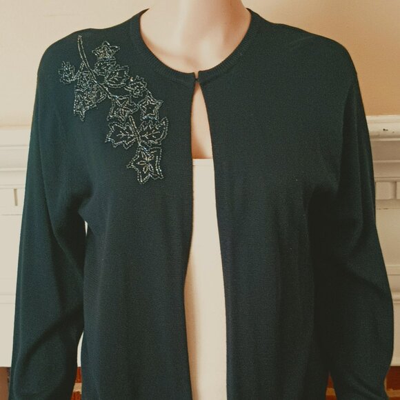 Liz Claiborne Black Silk Cardigan 12 Women's Open Front Long Sleeve Bead Flower - Picture 1 of 9